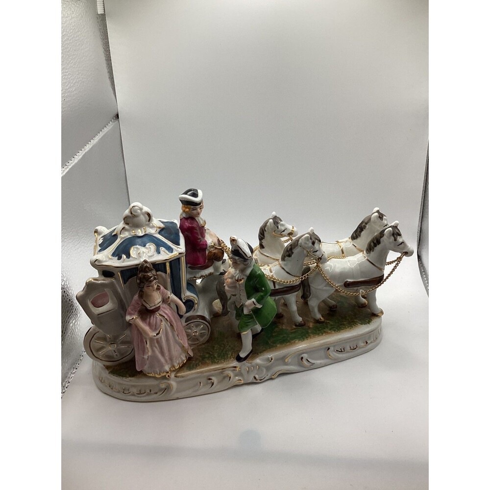 Vintage Victorian Ceramic Couple with White Ceramic 4 Horses & Carriage